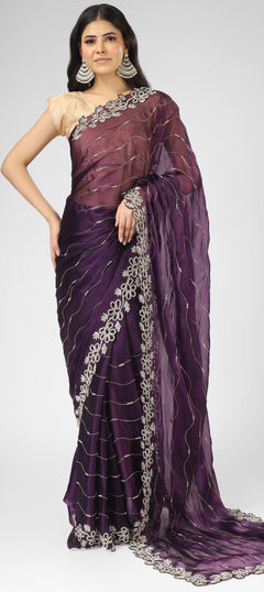 Purple and Violet color Saree in Chiffon, Silk fabric with Zircon work