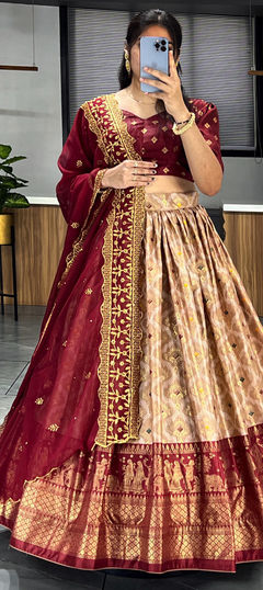 Beige and Brown, Red and Maroon color Lehenga in Dolla Silk fabric with Printed work