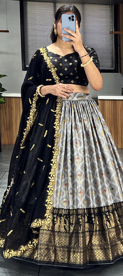 Festive, Reception, Wedding Black and Grey color Lehenga in Dolla Silk fabric with Flared Printed work : 1915707