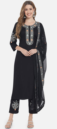 Black and Grey color Salwar Kameez in Rayon fabric with Embroidered, Resham, Thread work