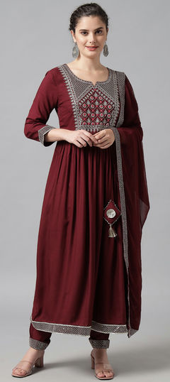 Red and Maroon color Salwar Kameez in Rayon fabric with Embroidered, Resham, Thread work