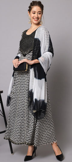 Black and Grey, White and Off White color Salwar Kameez in Rayon fabric with Embroidered, Printed, Resham, Thread work