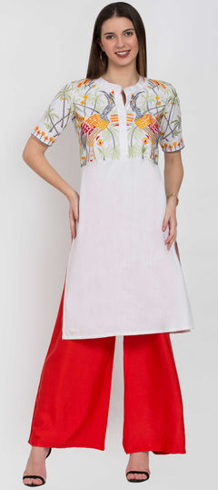 White and Off White color Salwar Kameez in Cotton fabric with Embroidered, Resham, Thread work