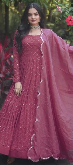 Festive, Party Wear, Reception Pink and Majenta color Gown in Faux Georgette fabric with Embroidered, Sequence, Thread work : 1915794