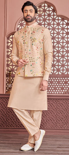 Beige and Brown color Kurta Pyjama with Jacket in Art Silk fabric with Broches, Embroidered, Thread work