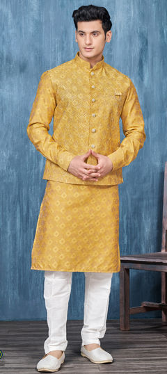 Gold color Kurta Pyjama with Jacket in Art Silk fabric with Broches, Embroidered, Thread work