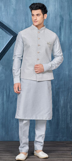 Black and Grey color Kurta Pyjama with Jacket in Art Silk fabric with Broches, Embroidered, Thread work