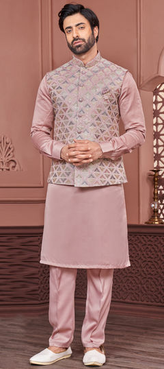 Purple and Violet color Kurta Pyjama with Jacket in Art Silk fabric with Broches, Embroidered, Thread work