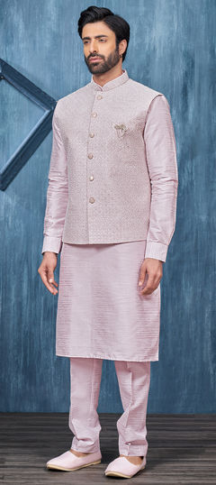 Pink and Majenta color Kurta Pyjama with Jacket in Art Silk fabric with Broches, Embroidered, Thread work