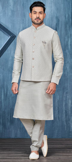 Black and Grey color Kurta Pyjama with Jacket in Art Silk fabric with Broches, Embroidered, Thread work