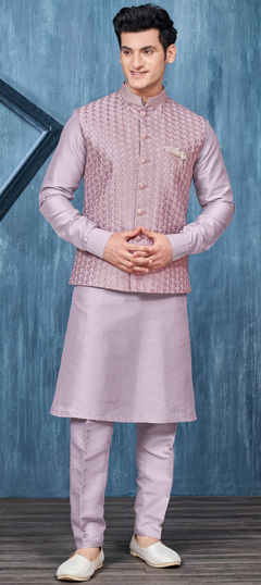 Party Wear Purple and Violet color Kurta Pyjama with Jacket in Art Silk fabric with Broches, Embroidered, Thread work : 1915891