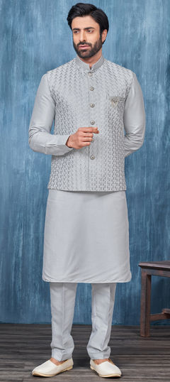 Party Wear Black and Grey color Kurta Pyjama with Jacket in Art Silk fabric with Broches, Embroidered, Thread work : 1915892