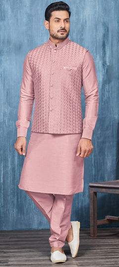 Pink and Majenta color Kurta Pyjama with Jacket in Art Silk fabric with Broches, Embroidered, Thread work