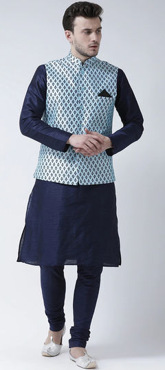 Blue color Kurta Pyjama with Jacket in Dupion Silk fabric with Printed work