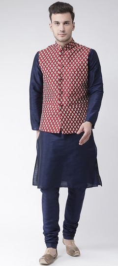 Blue color Kurta Pyjama with Jacket in Dupion Silk fabric with Printed work