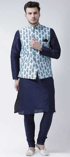 Blue color Kurta Pyjama with Jacket in Dupion Silk fabric with Printed work