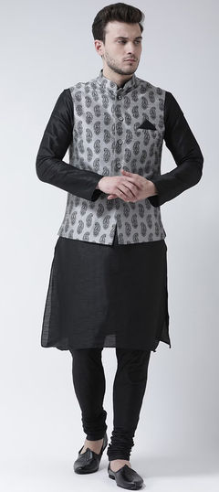 Black and Grey color Kurta Pyjama with Jacket in Dupion Silk fabric with Printed work