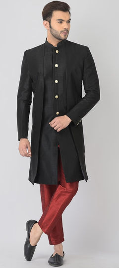 Black and Grey color IndoWestern Dress in Dupion Silk fabric with Thread work