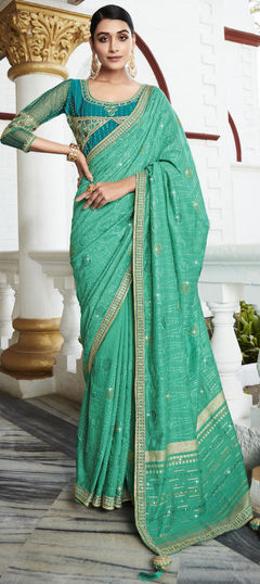 Green color Saree in Silk fabric with Embroidered, Sequence, Thread, Zari work