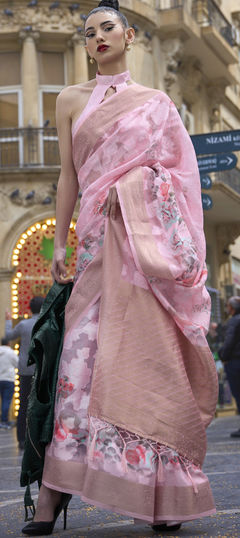 Festive, Reception, Traditional Pink and Majenta color Saree in Handloom fabric with Bengali Printed, Weaving work : 1915975