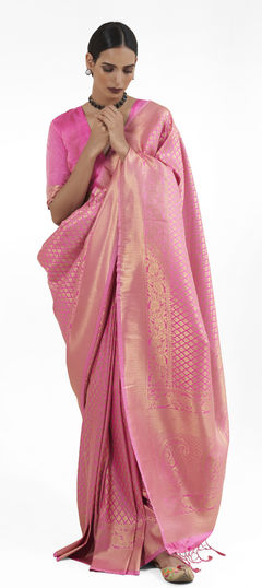 Reception, Traditional, Wedding Gold, Pink and Majenta color Saree in Silk fabric with South Weaving, Zari work : 1915987