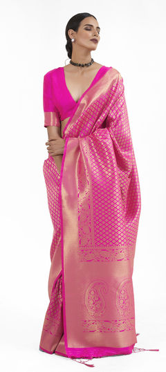 Gold, Pink and Majenta color Saree in Silk fabric with Weaving, Zari work