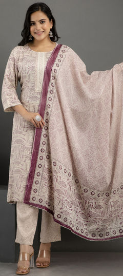 Festive, Party Wear Beige and Brown color Salwar Kameez in Cotton, Rayon fabric with Straight Digital Print, Embroidered, Lace work : 1916003