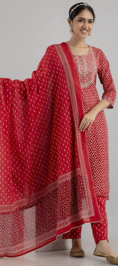 Red and Maroon color Salwar Kameez in Cotton fabric with Digital Print, Embroidered, Lace work