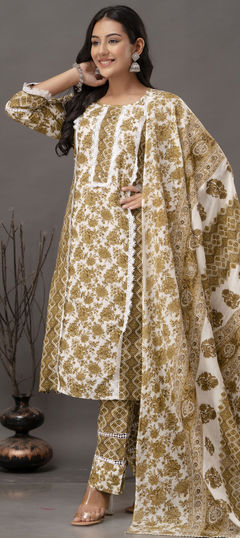 Beige and Brown color Salwar Kameez in Cotton, Rayon fabric with Digital Print, Embroidered, Lace work