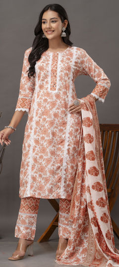 Pink and Majenta color Salwar Kameez in Cotton, Rayon fabric with Digital Print, Embroidered, Lace work