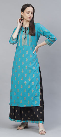 Blue color Salwar Kameez in Rayon fabric with Foil Print work