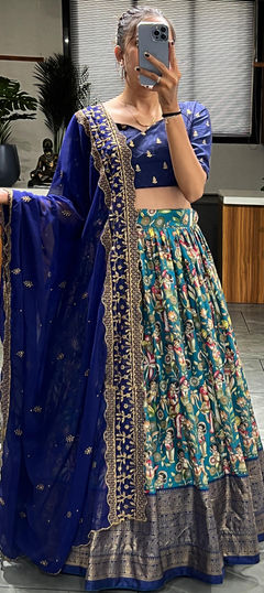 Blue color Lehenga in Dolla Silk fabric with Printed, Weaving work