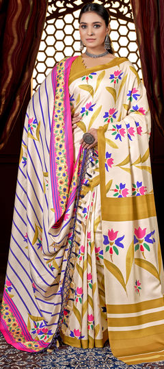 White and Off White color Saree in Pashmina fabric with Digital Print work