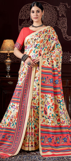 Yellow color Saree in Pashmina fabric with Digital Print work