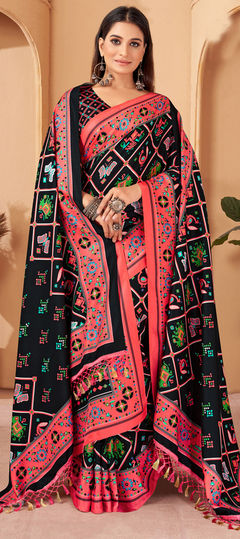 Black and Grey color Saree in Pashmina fabric with Digital Print work