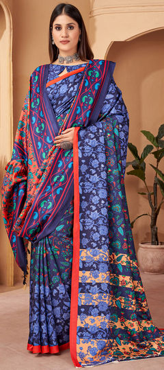 Blue color Saree in Pashmina fabric with Digital Print work