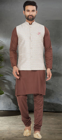 Beige and Brown color Kurta Pyjama with Jacket in Cotton fabric with Digital Print work