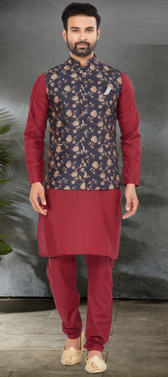 Red and Maroon color Kurta Pyjama with Jacket in Cotton fabric with Digital Print work