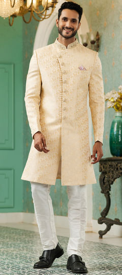 Gold color IndoWestern Dress in Jacquard fabric with Bugle Beads, Cut Dana, Stone, Thread work