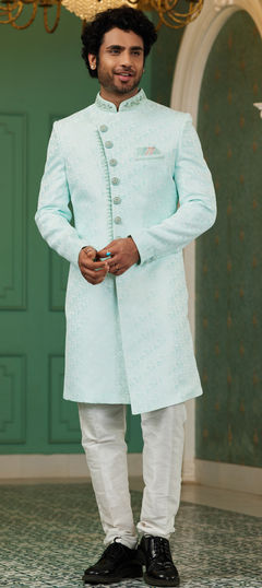 Green color IndoWestern Dress in Jacquard fabric with Bugle Beads, Cut Dana, Stone, Thread work