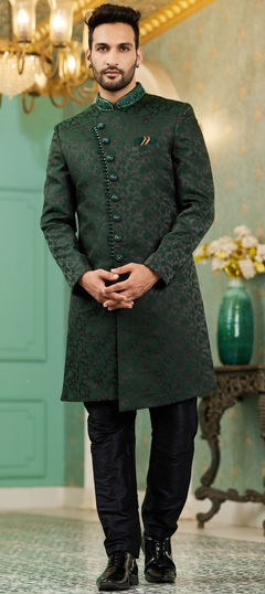 Green color IndoWestern Dress in Jacquard fabric with Bugle Beads, Cut Dana, Embroidered, Stone, Thread work