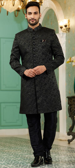Black and Grey color IndoWestern Dress in Jacquard fabric with Bugle Beads, Cut Dana, Embroidered, Stone work