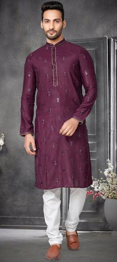 Pink and Majenta color Kurta Pyjamas in Silk cotton fabric with Embroidered, Resham, Sequence, Thread work