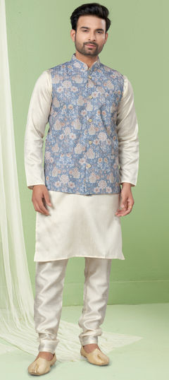 White and Off White color Kurta Pyjama with Jacket in Art Silk fabric with Digital Print, Floral, Sequence, Thread work