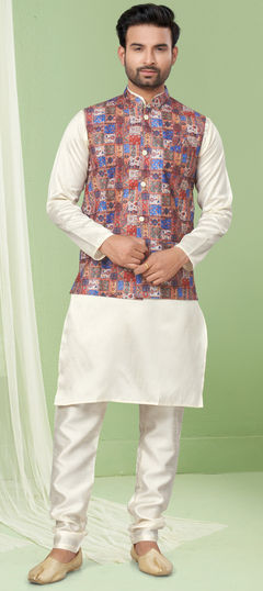 White and Off White color Kurta Pyjama with Jacket in Art Silk fabric with Embroidered, Sequence, Thread work