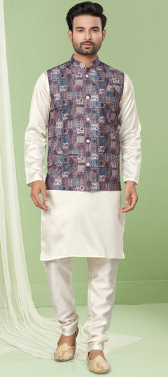 White and Off White color Kurta Pyjama with Jacket in Art Silk fabric with Digital Print, Sequence, Thread work