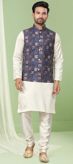 White and Off White color Kurta Pyjama with Jacket in Art Silk fabric with Digital Print, Sequence, Thread work