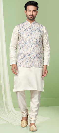 White and Off White color Kurta Pyjama with Jacket in Art Silk fabric with Digital Print, Sequence, Thread work