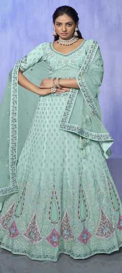 Bridal, Reception, Wedding Green color Lehenga in Georgette fabric with Flared Embroidered, Sequence, Thread work : 1916363