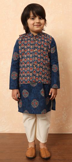 Blue color Boys Kurta Pyjama with Jacket in Cotton fabric with Printed work